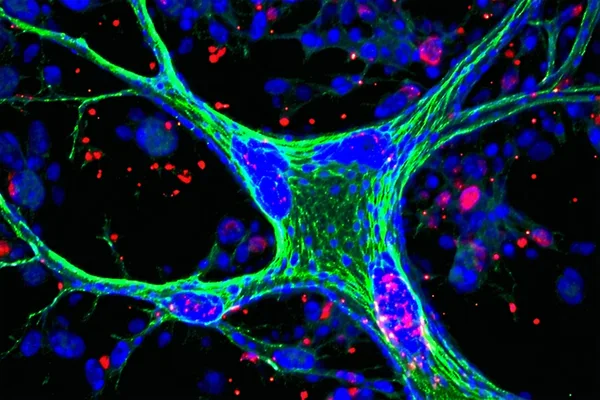 Confocal z-stack image of neurons showing neurite extensions and synaptic puncta for neuroscience image analysis