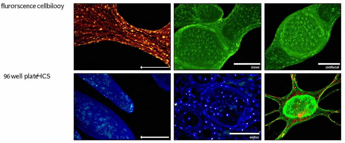 Montage of four microscopy images representing different biological applications: cell biology, tissue pathology, high-content screening, and neuroscience