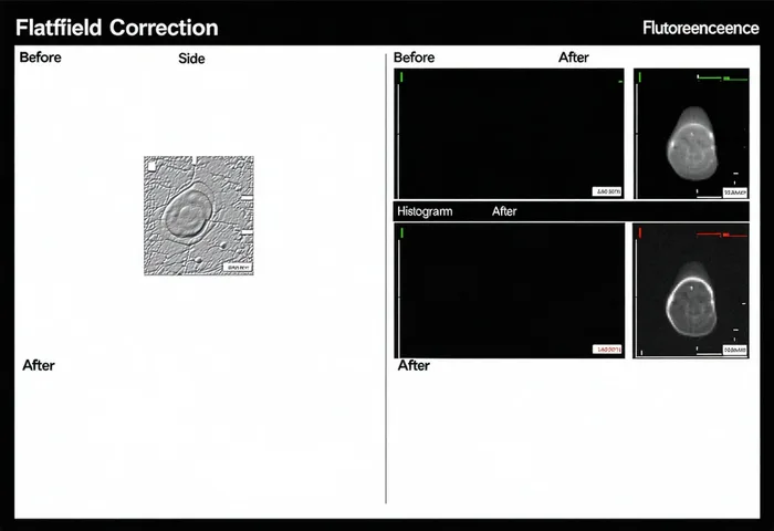 Cytely software interface showing flatfield correction panel with before and after microscopy images side by side