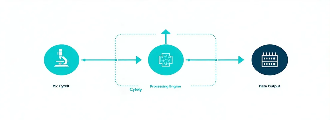 Cytely standardization pipeline: microscope input, Cytely processing engine, analysis-ready output — three-stage workflow diagram