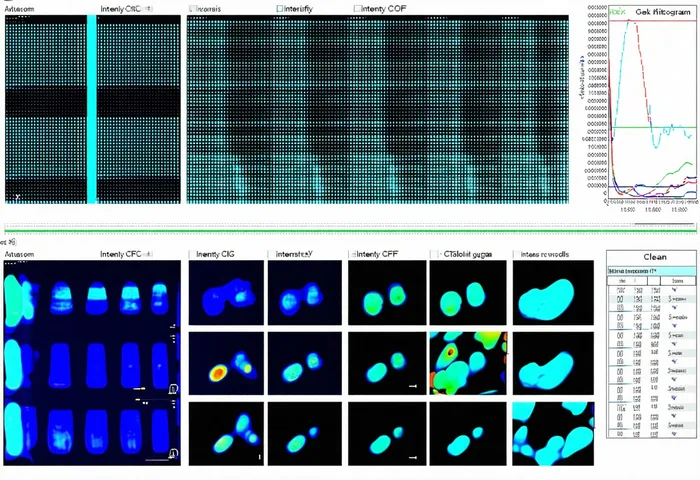 Cytely software interface showing intensity normalization workflow with multi-well plate layout and intensity distribution charts